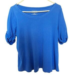 Talbots Top Woman Petite Stretch Weekend Size 2XP Roll Tab Sleeve Casual Blue‎
